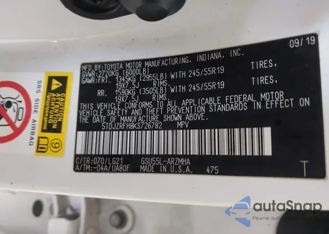 2019 Toyota Highlander Se z USA, uszkodzony, nr VIN 5TDJZRFH8KS726782